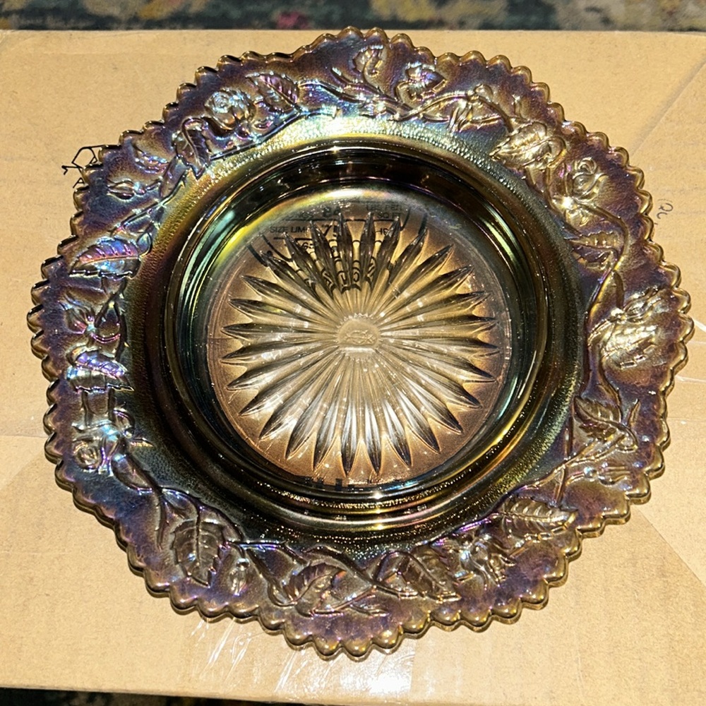 Imperial Glass Co. Lustre Rose Pattern Carnival Glass Round Butter Dish - Picture 4 of 10